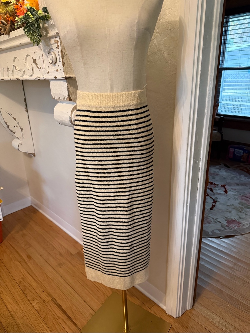 Cream and Black Striped Knit Midi Skirt - Classic Women's Skirt - Picture 4 of 7